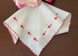 Vintage Embroidered Red Daisy Valentines Day Handkerchief