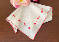 Vintage Embroidered Red Daisy Valentines Day Handkerchief