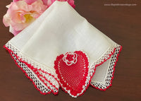 Vintage Crocheted Valentine's Red Heart Handkerchief