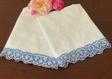 Pair of Vintage Cannon Blue and White Hand Crocheted Lace Pillowcases
