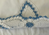 Pair of Vintage Blue and White Hand Crocheted Lace Pillowcases Tubing