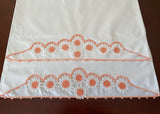Pair of Vintage Springmaid Coral Peach and White Hand Crocheted Lace Pillowcases