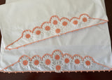 Pair of Vintage Springmaid Coral Peach and White Hand Crocheted Lace Pillowcases
