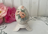 Vintage Hand Painted Peach Poppies and Blue Flowers Egg with Holder