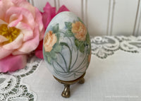Vintage Hand Painted Trio of Yellow Roses Egg with Holder