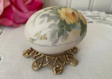 Vintage Hand Painted Yellow Roses and Blue Flowers Egg with Holder