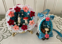Two Vintage Hand Made Real Egg Easter Diorama Ornaments Mushrooms