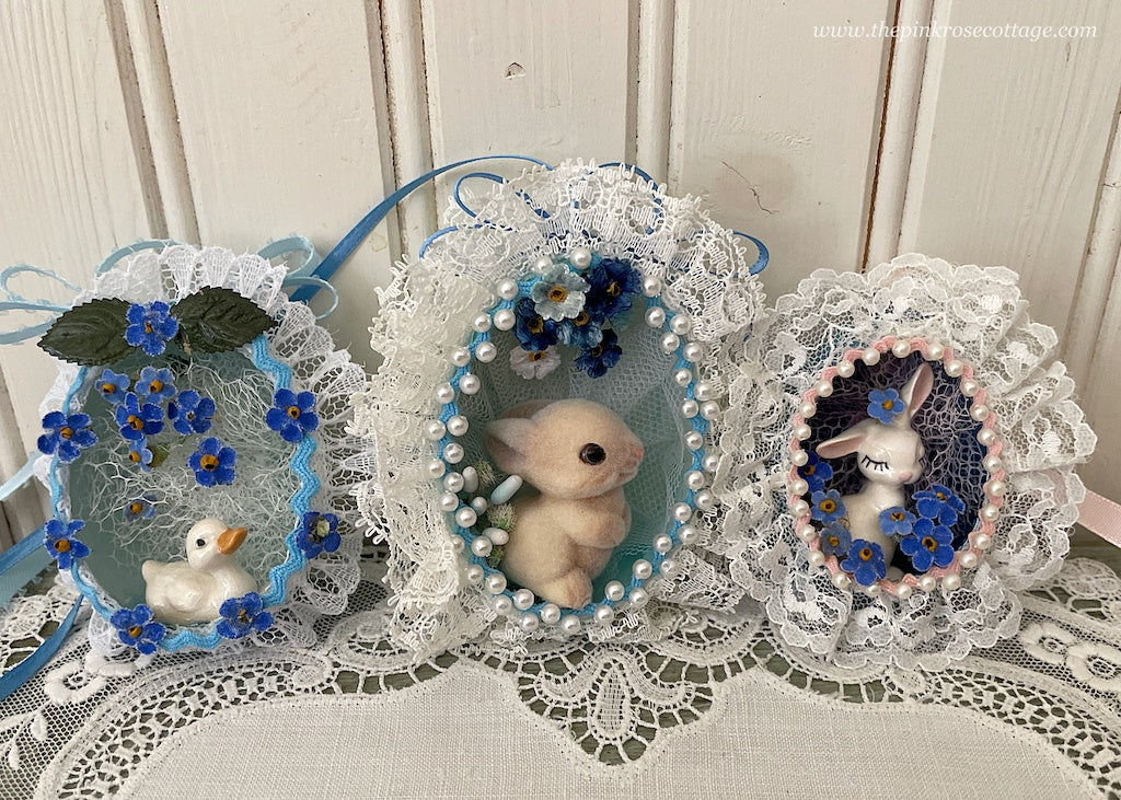 Three Vintage Hand Made Real Egg Easter Diorama Ornaments Bunnies Duck