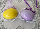 Two Vintage Hand Made Real Egg Easter Diorama Ornaments with Lambs