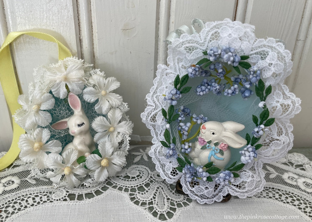 Two Vintage Hand Made Real Egg Easter Diorama Ornaments with White Bunnies
