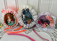 Vintage Hand Made Real Easter Egg Diorama Ornaments with Bunnies and Lamb