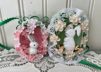 Two Vintage Hand Made Real Egg Easter Diorama Ornaments with Bunnies