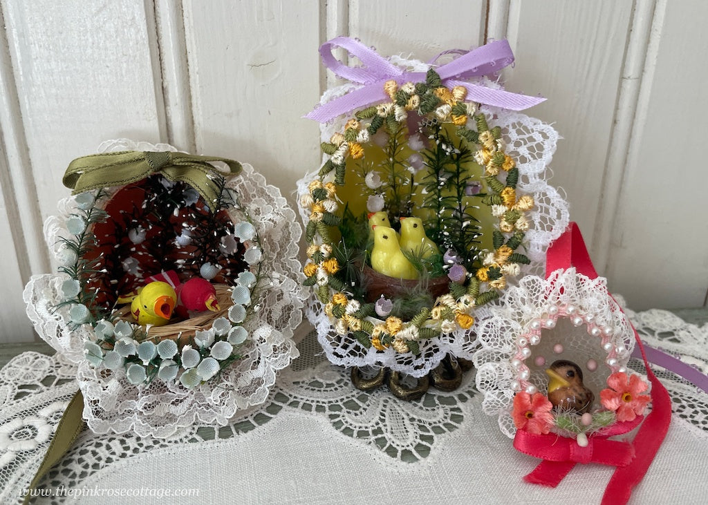 3 Hand Made Real Easter Egg Diorama Ornaments with Chicks and Birds
