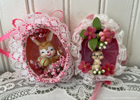 Vintage Hand Made Real Egg Easter Diorama Ornaments Bunnies with Pink