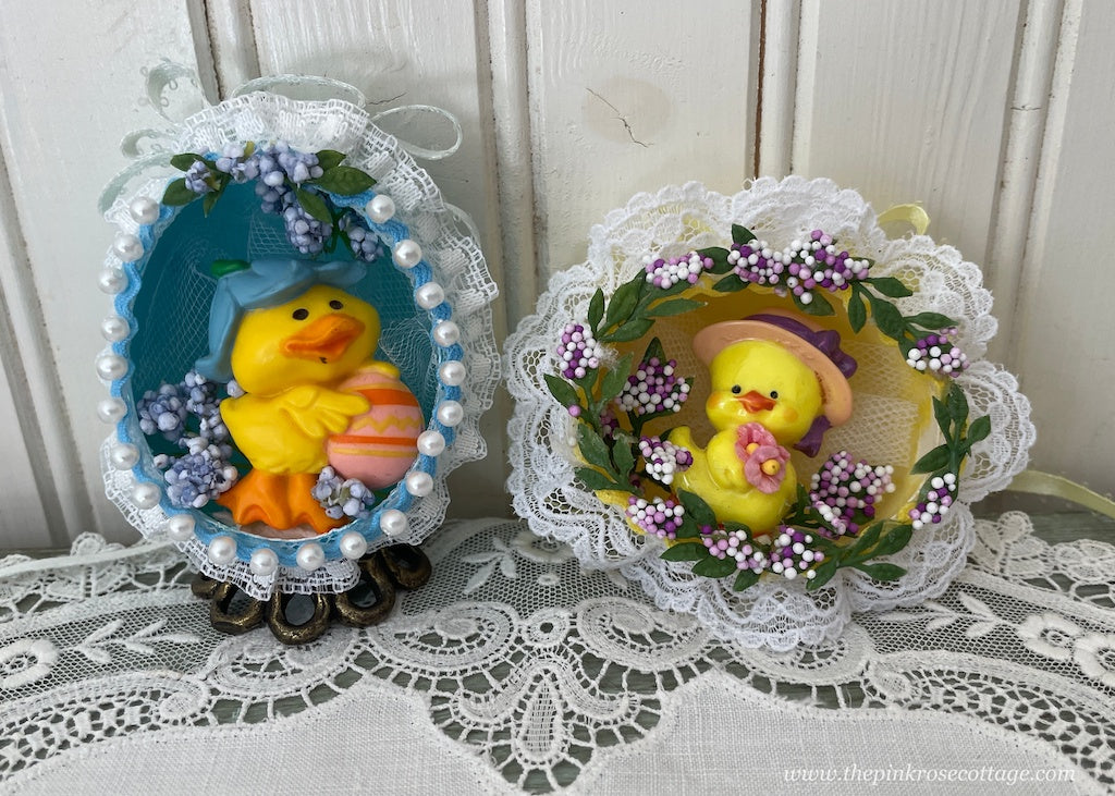 Vintage Hand Made Real Egg Easter Diorama Ornaments Ducklings and Lilacs