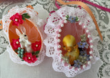 Pair of Vintage Hand Made Real Egg Easter Diorama Ornaments with Bunny and Duck