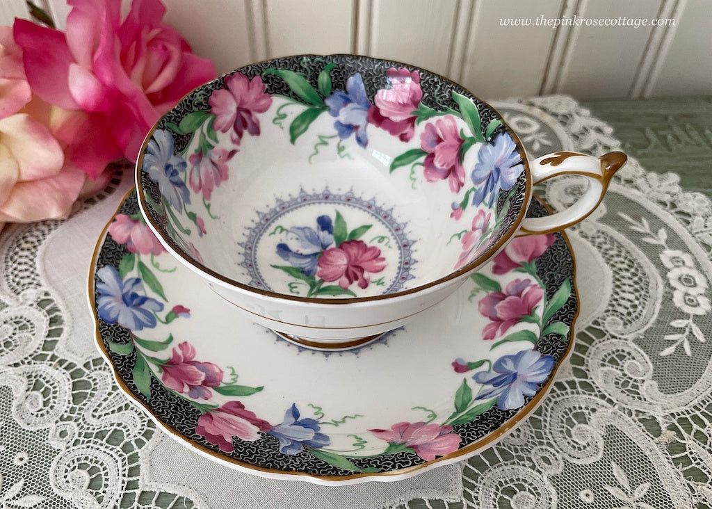 Vintage Paragon Blue and Pink Sweet Pea Teacup and Saucer