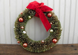Vintage Bottle Brush Christmas Wreath with Ornaments and Glitter 12 Inches (b)