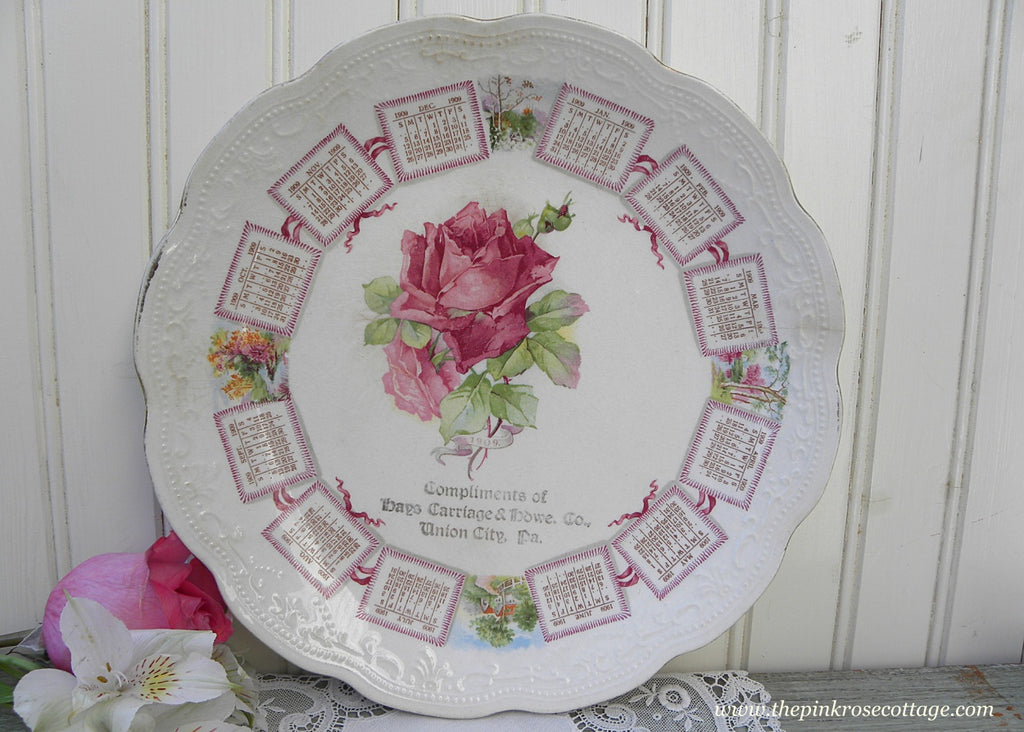 Antique 1909 Pink Rose Calendar Advertising Plate Hays Carriage Union City PA - The Pink Rose Cottage 